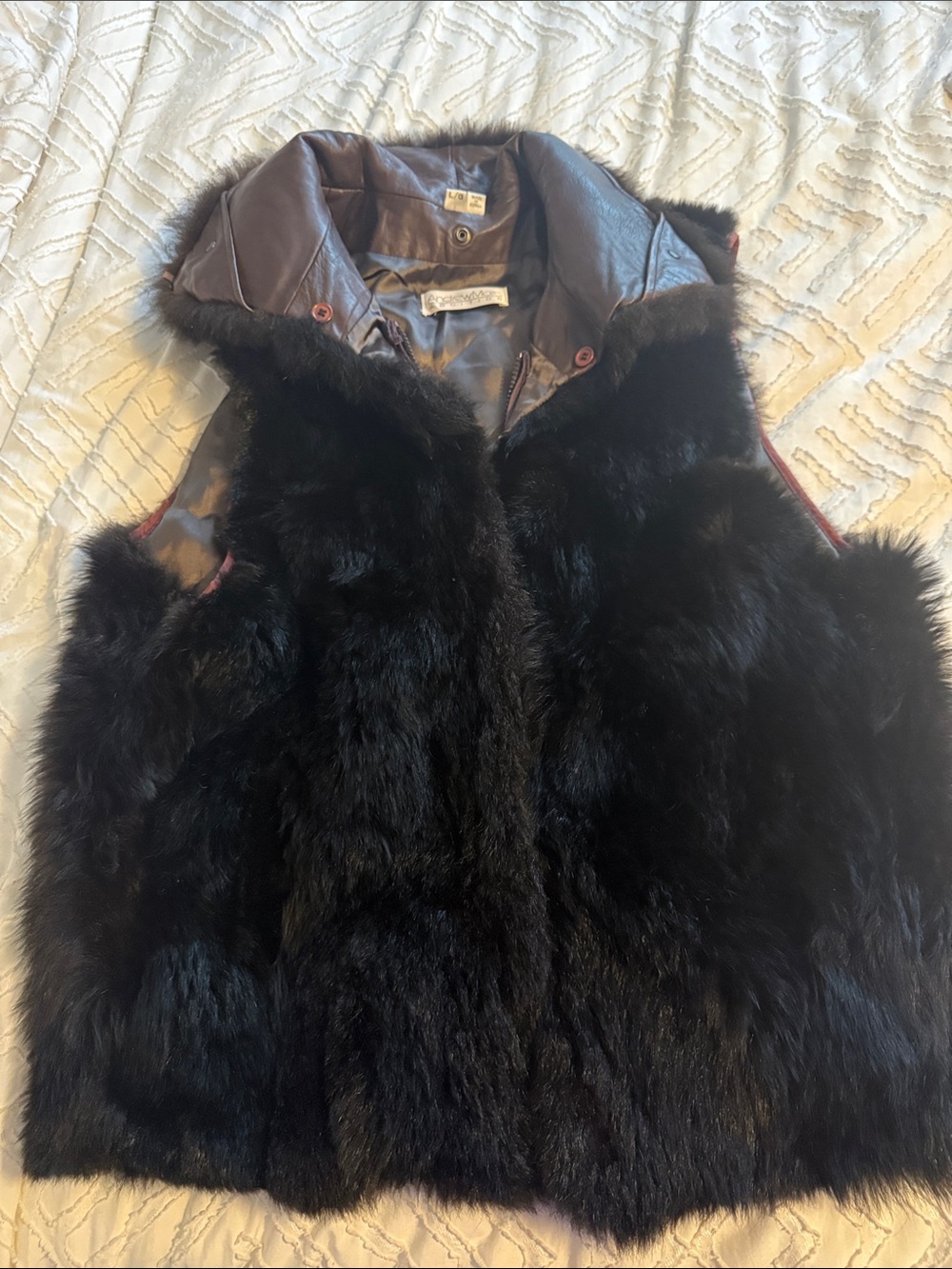 Andrew Marc Black Authentic Fur Vest with Brown Trim Collar